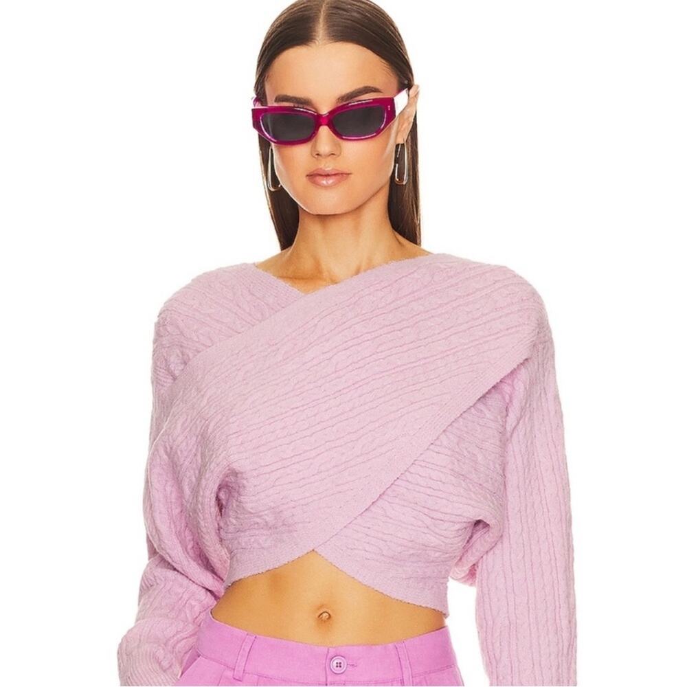 Astr The Label Mariana Cable Knit Fuzzy Wrap Sweater Pink Large New